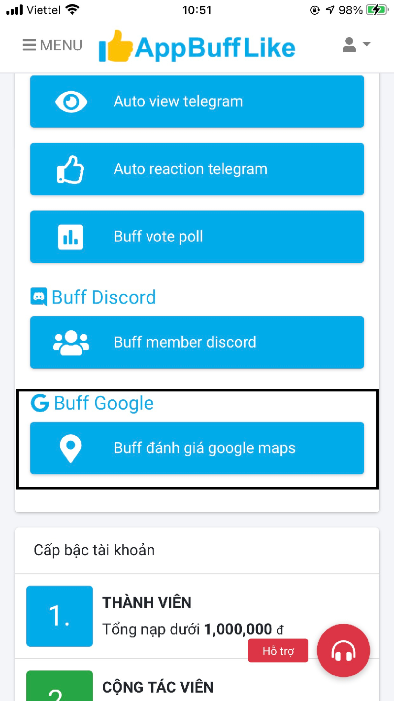 Đăng nhập chọn dịch vụ buff đánh giá google map